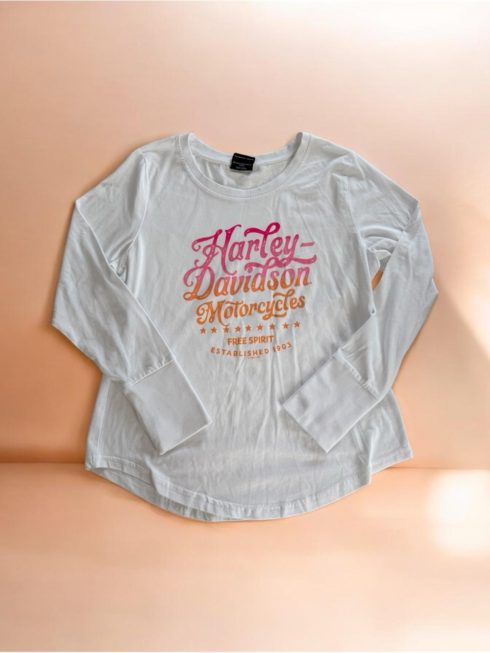 Harley-Davidson White Long Sleeve Tee with Pink and Orange Script Logo size M
